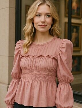 Romantic Pale Pink Ruffled Blouse Poplin Cottagecore Feminine Chic Size S Spring